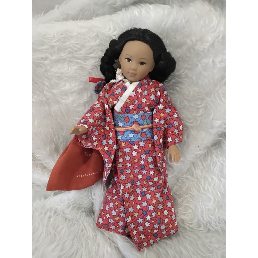 Vintage 1993 Unimax Toys Japanese Kimono Doll with Anthropologie Pouch Red Blue